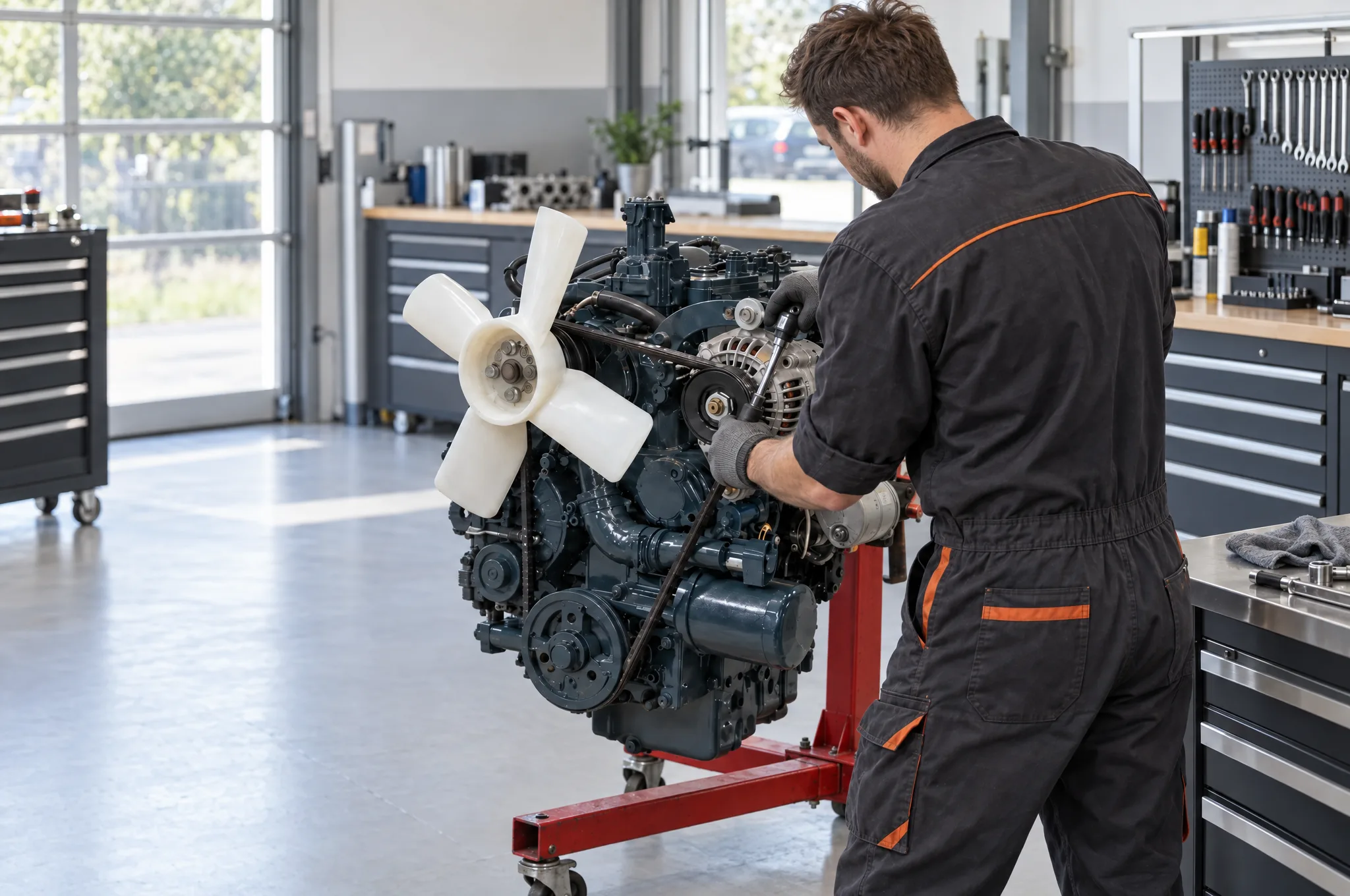 Un mécanicien au travail sur un moteur diesel, à l'atelier